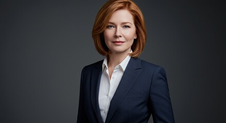 Photo of Confident Redhead Businesswoman in Studio with Gray Background