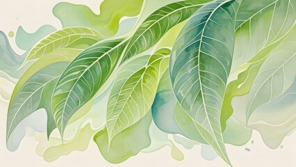 Obraz premium Abstract Green Leaves Watercolor Painting Mural Wallpaper Background 4k