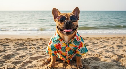 Photo of French Bulldog in Floral Shirt on Sunny Beach