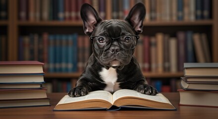 Photo of French Bulldog Reading Book in Library