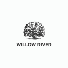 Weeping Willow or Birch tree with leaves beside river flow. Hand draw style nature plants design. Corporate and business graphic logo template. 