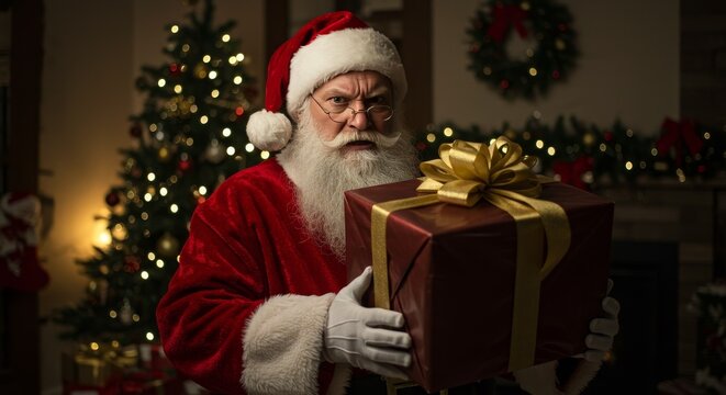 Photo of Grumpy Santa Holding Red and Gold Gift by Christmas Tree