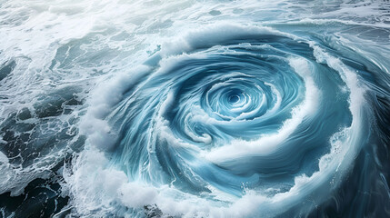 Aerial view of a swirling vortex in the ocean with turbulent waves and white foam formations visible