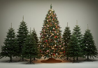 Decorated christmas tree surrounded by smaller undecorated christmas trees