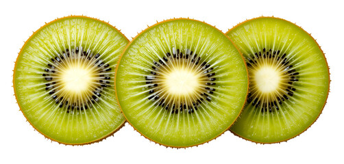 Fototapeta premium Freshly sliced kiwi with vivid green flesh displayed on a bright white background, high contrast.