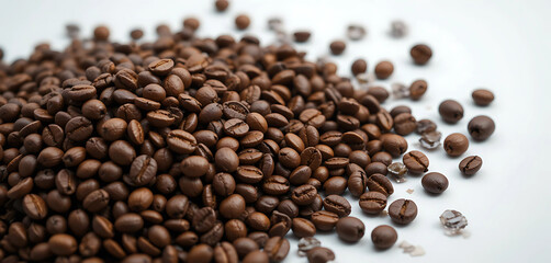 Naklejka premium A pile of roasted coffee beans on a bright white backdrop, with rich texture and moody lighting.