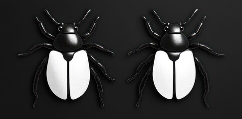 Two black and white beetles with segmented bodies and six legs each on a solid black background