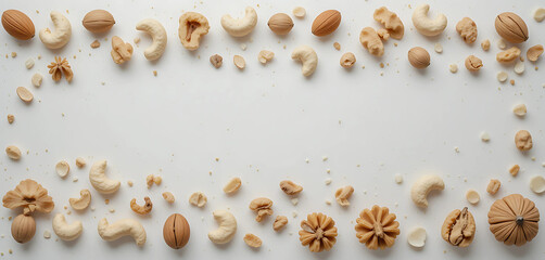A modern still life of various nuts — almonds, cashews, and walnuts — evenly spaced on matte white background, styled for a gourmet magazine shoot.

