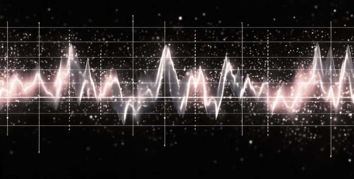 Abstract digital waveform composed of glowing white and pink peaks on a black background with grid lines and small particles creating a dynamic and futuristic atmosphere - Powered by Adobe