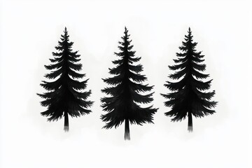 Fototapeta premium Three tall evergreen pine trees with full branches in black and white silhouette style on a white background