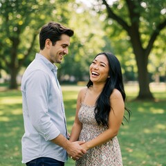 Photo of Happy Couple Holding Hands and Laughing in a Park