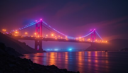 Obraz premium Vibrant nighttime view of a suspension bridge lit with colorful lights.