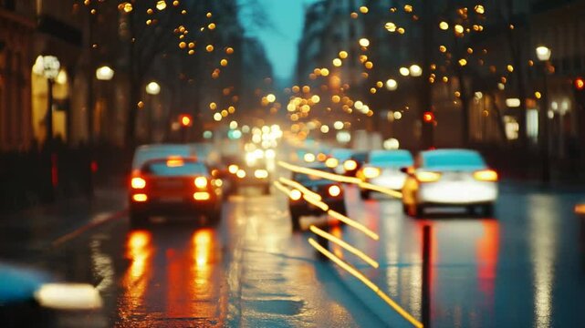 Blurred city street at dusk with car lights reflecting on wet pavement and festive lights