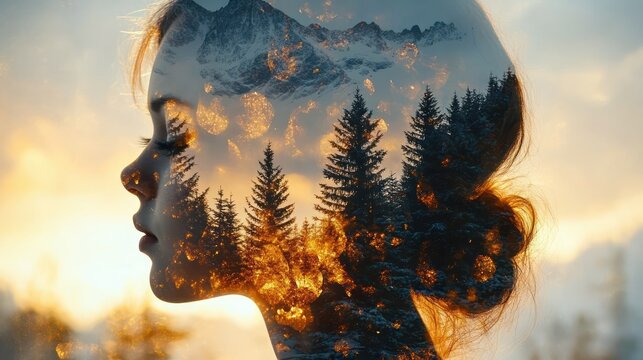 Silhouette of a contemplative woman with a double exposure of a forest and mountain landscape during golden hour creating a dreamy and serene atmosphere - Powered by Adobe