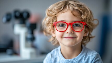 Happy toddler with curly blond hair smiles while wearing red-framed glasses