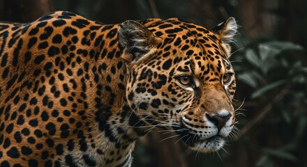 Obraz premium Photo of Jaguar Close-Up in Lush Jungle Setting