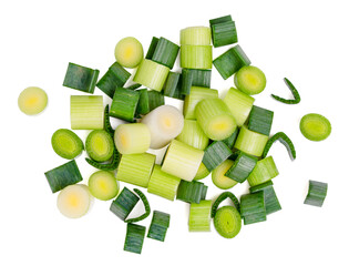 Top view cut fresh spring onions isolated on white background