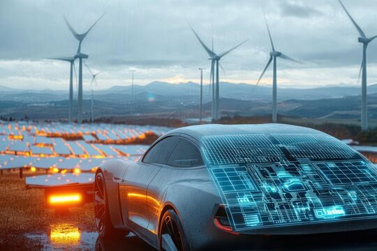 Futuristic electric sports car with holographic blueprints displayed on rear window parked near solar panels and wind turbines under cloudy sky - Powered by Adobe