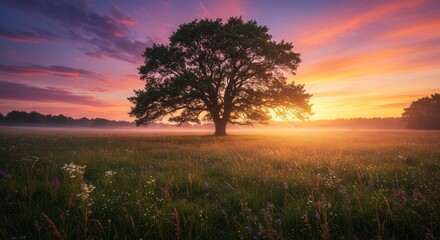 Fototapeta premium Photo of Lone Oak Tree in Misty Meadow at Sunset