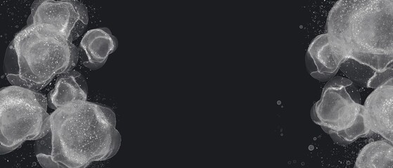 秋冬用ダーク抽象横長バナー。黒背景の左右に銀色の丸いアルコールインクアート