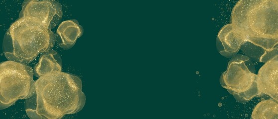 秋冬用ダーク抽象横長バナー。緑背景の左右に金色の丸いアルコールインクアート