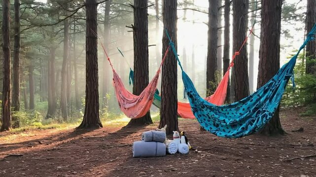 Colorful hammocks in forest