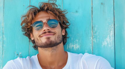 Smiling man with sunglasses against turquoise background, radiating relaxed vibe