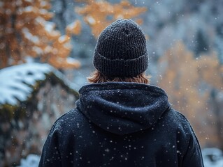 Person wearing dark winter clothing and knit hat standing outdoors facing snow-covered nature with blurred autumn foliage in background during snowfall