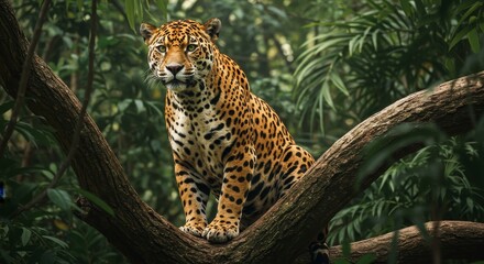 Photo of Jaguar Sitting on Branch in Lush Jungle
