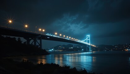 Fototapeta premium Illuminated suspension bridge over a body of water at night.