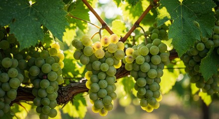 Fototapeta premium Photo of Green Grapes on Vine in Sunny Vineyard