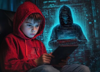 Focused young boy in red hoodie using digital tablet with glowing blue hacker figure silhouette in the background symbolizing cyber threat and security