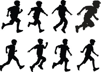 Active children's boys running silhouette icons set. Kids activity collection