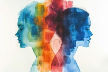 Abstract watercolor painting of two female profiles facing opposite directions with calm expressions, blending vibrant blues, greens, oranges, and reds