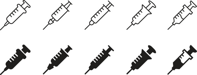 Syringe, injection icons set. Vaccination and treatment symbol collection in flat and line vector illustration