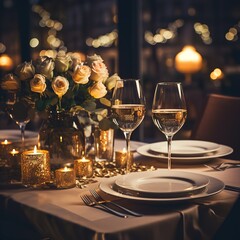 Elegant dinner table with wine glasses and candles, a romantic evening for two