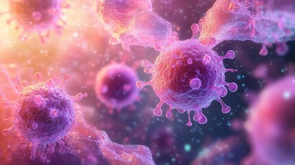 Close-up microscopic view of multiple virus particles with spiky protein projections floating in a colorful environment suggesting biological activity