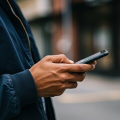 Photo of Man Using Smartphone on City Street