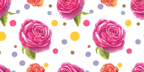 水彩ローズとドットの組み合わせが可愛い、ピンク色のバラが散りばめられたナチュラルなフラワーパターン背景素材｜ガーリー、春、花柄、フェミニン、壁紙、装飾、イラスト素材