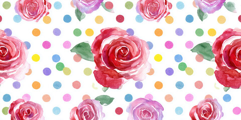 水彩ローズとドットの組み合わせが可愛い、ピンク色のバラが散りばめられたナチュラルなフラワーパターン背景素材｜ガーリー、春、花柄、フェミニン、壁紙、装飾、イラスト素材