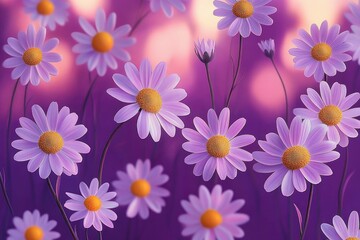 Obraz premium Close-up view of delicate purple daisies with vibrant yellow centers against a soft pink and purple blurred background, evoking a calm and dreamy atmosphere
