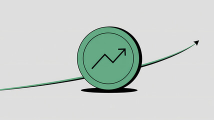 Flat design finance illustration with coin, arrow, and growth line on gray background