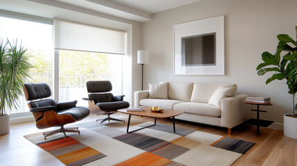 Fototapeta premium Modern living room with stylish furniture, colorful rug, and large windows