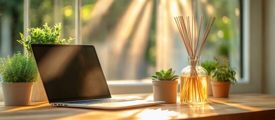 Bright workspace with laptop surrounded by green potted plants and a reed diffuser on wooden table by window with sunlight streaming in