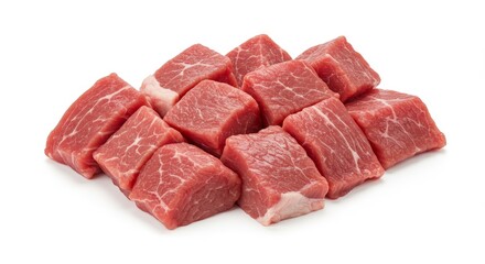 Photo of Fresh Raw Beef Cubes on White Background