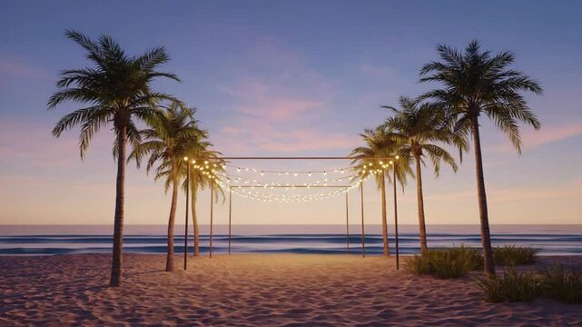 Palm trees beach sunset string lights