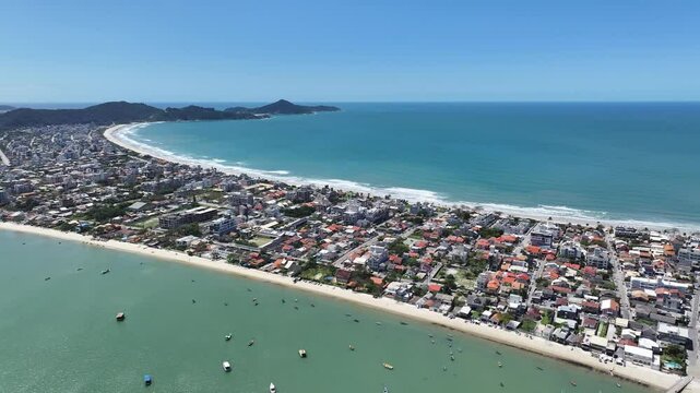 Mariscal Beach In Bombinhas Santa Catarina Brazil. Aerial View Of Stunning Beach With Crystal Clear Waters. Paradise Landscape Recreation Beautiful. Paradise Summertime. Bombinhas Santa Catarina.