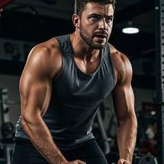 Fototapeta premium Photo of Muscular Man Lifting Weights in Gym