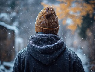 Person wearing a warm orange knit hat and dark hooded jacket standing outside while snow falls gently around them during winter