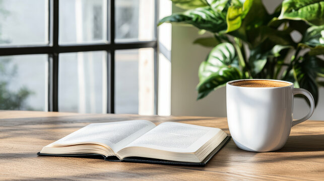 Cozy minimalist setting featuring black coffee cup beside open paperback book wooden table